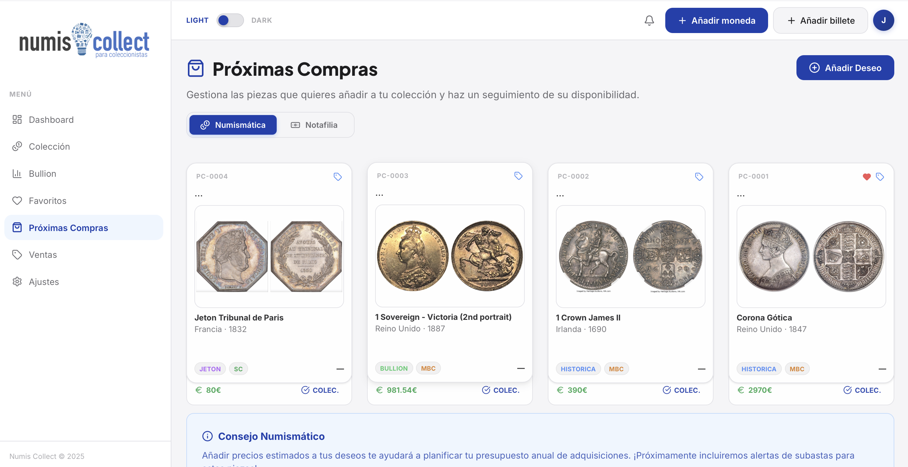 Sección Próximas Compras en Numis Collect